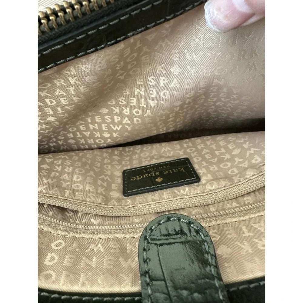 Kate‎ Spade NY Crocodile Embossed Leather Shoulder Satchel Handbag Dark Green